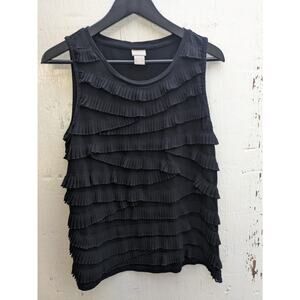 Chico’s Tank Medium Black Ruffle Sleeveless Travel Office Siren Classic Preppy